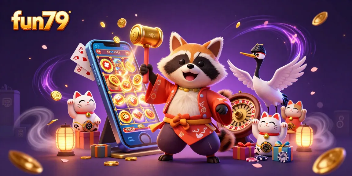 Win big with fun79 at this vibrant online casino scene featuring lucky characters and exciting games.