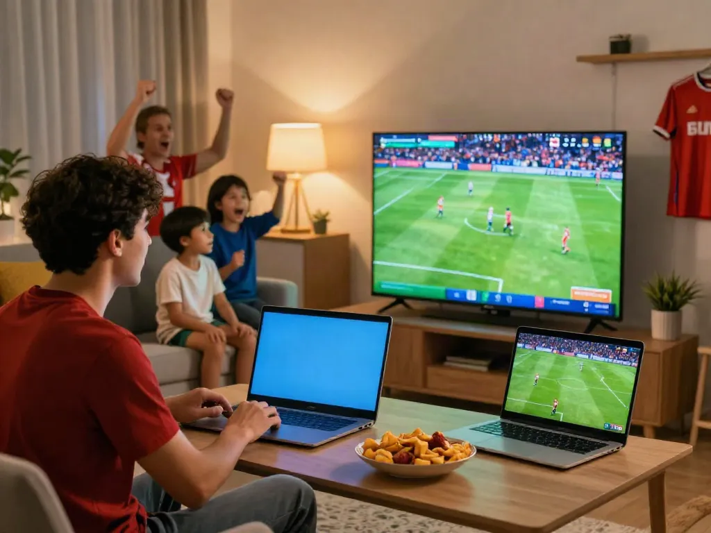 Fan enjoying high-quality soccer streams on cakhiatvvn.jpn.com in a cozy living room.