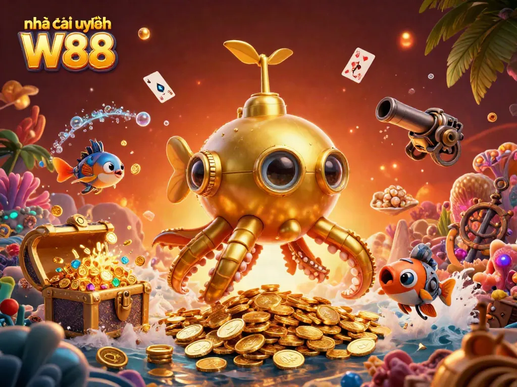 Experience the excitement of Nhà cái uy tín W88 with vibrant 3D casino imagery brimming with gold coins and treasures.