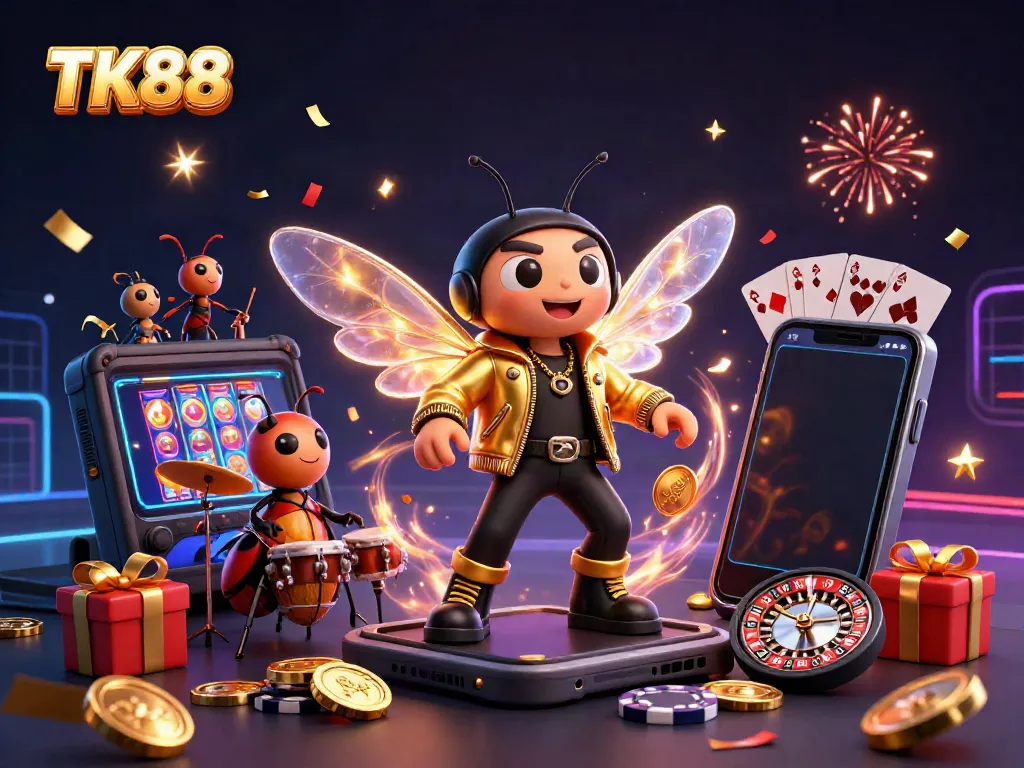 Experience thrilling gaming with TK88, featuring 3D characters in a vibrant casino scene.