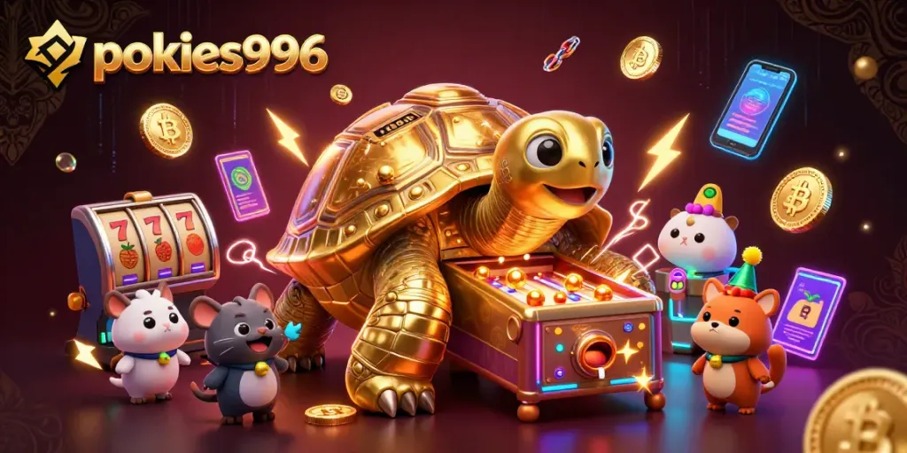 Play exciting pokies996 games with a golden tortoise and animated animals in a vibrant casino scene.
