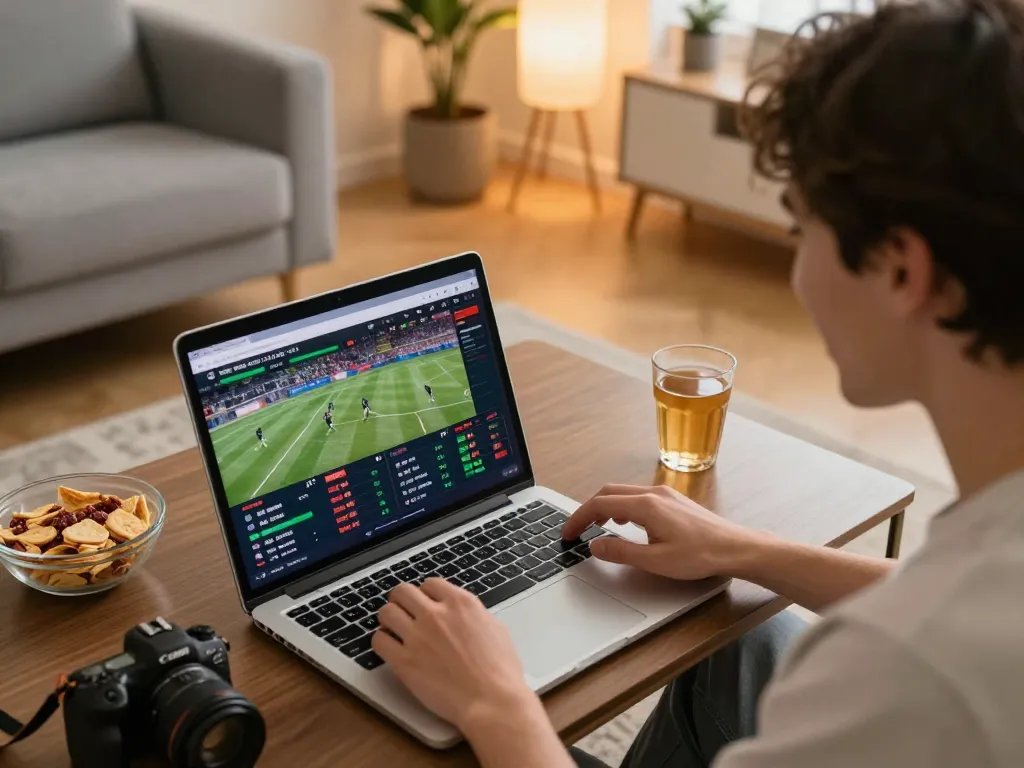 Alo8 user actively placing sports bets on laptop at home with engaging atmosphere, showcasing the excitement of online gambling