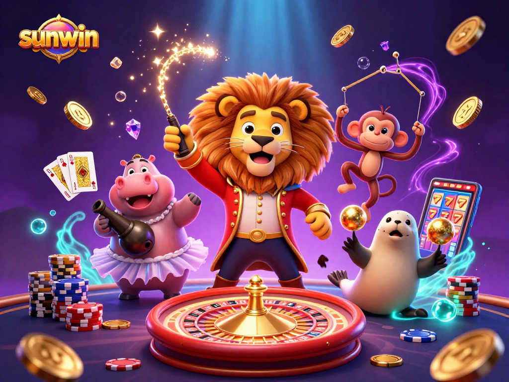 Experience the excitement of sunwin with cartoon characters in an entertaining casino scene full of vibrant game elements.