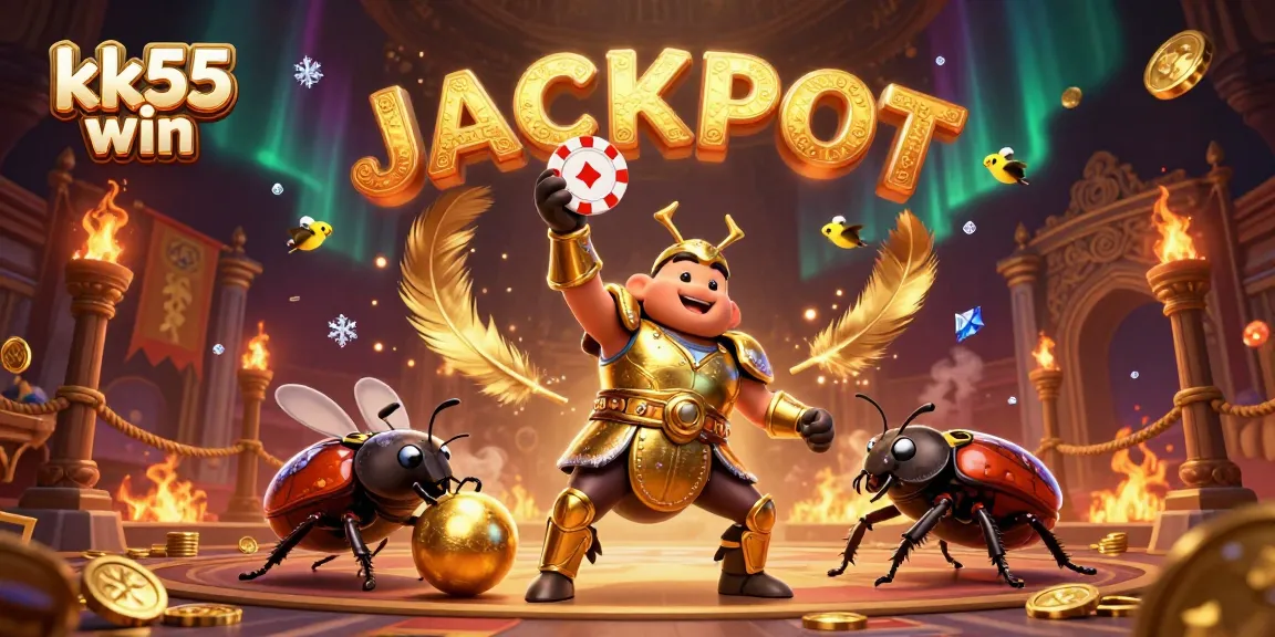 Engage your luck with kk55 win in a dynamic casino scene featuring a hero beetle celebrating a jackpot.