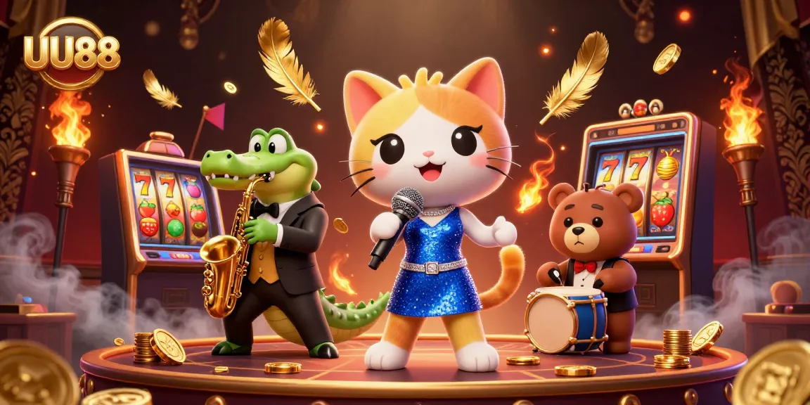 Experience the excitement of UU88 with a jazz-singer cat and vibrant casino characters.