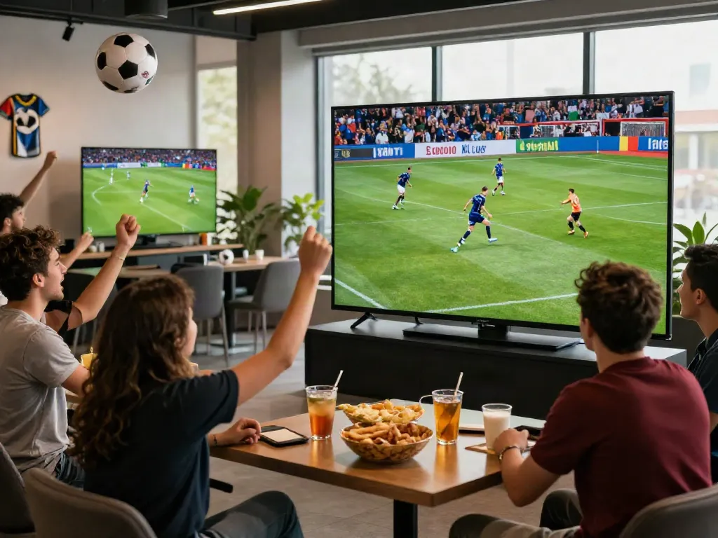 Excited fans watching a live soccer match at socolivekz.uk in a vibrant lounge.