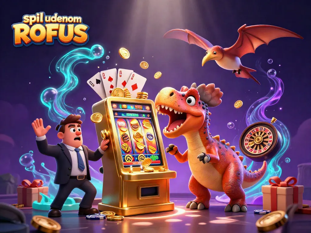 Engaging scene of spil uden om ROFUS with dinosaurs celebrating jackpots and coins flying around.