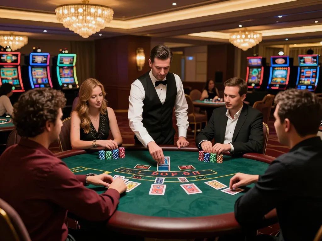 Players at rr99.com blackjack table making strategic bets in a luxurious casino atmosphere