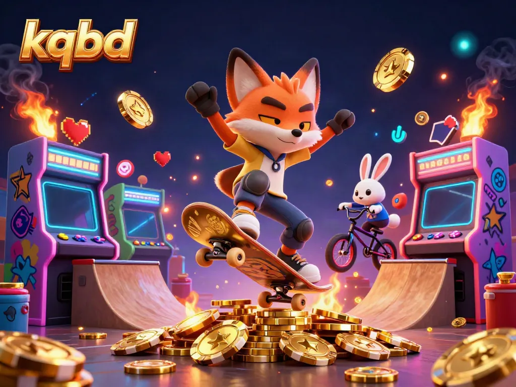Engage with kqbd through live sports betting, vibrant characters kickflip over golden poker chips.