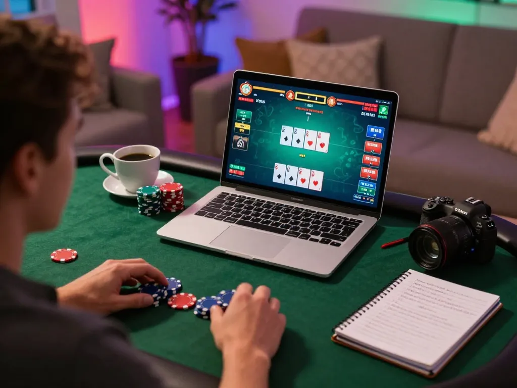 Player enjoying an online poker game at home with xx88bet platform, surrounded by strategy notes and chips.