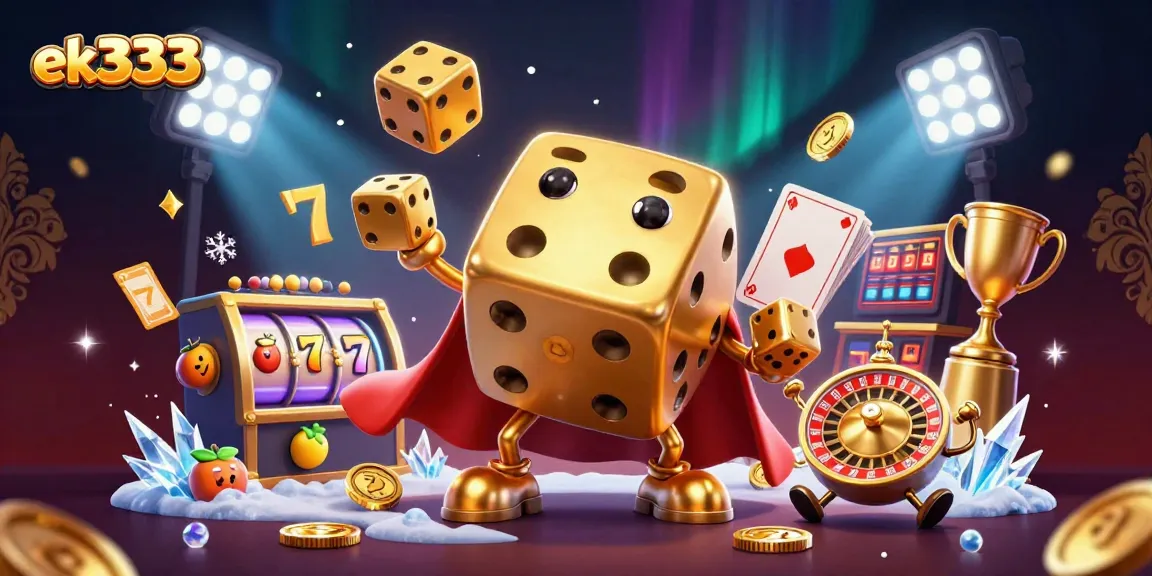 Experience excitement with ek333's dynamic illustration featuring vibrant slot machine elements and lively casino icons.