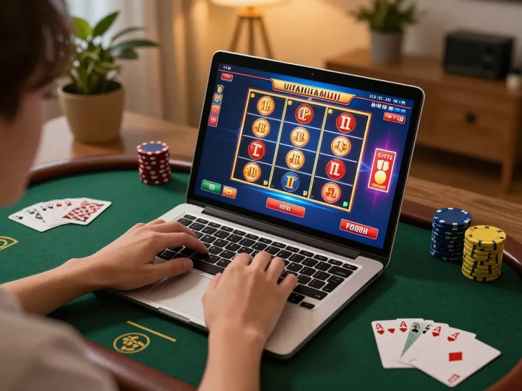 Engagerad spelare som njuter av spel utan licens på laptop i en mysig hemmamiljö med livfulla visuella element.