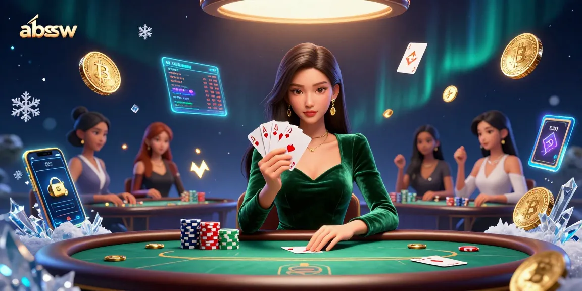 Play cards at the luxurious abssw poker table surrounded by vibrant crypto elements.