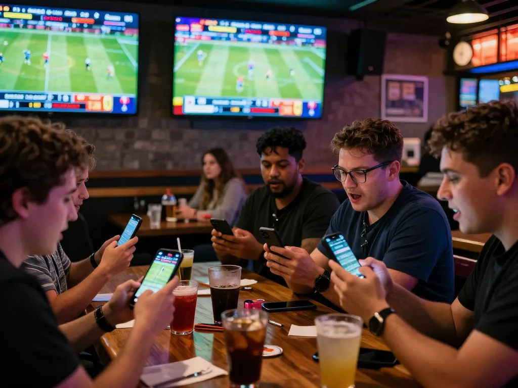 Engaged sports bettors checking odds and updates at 23win.com during a thrilling live game