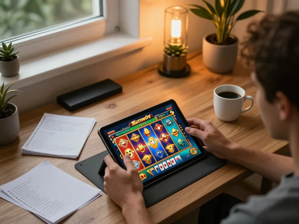 Engaging gameplay on Sunwin app featuring vivid slots and a relaxed home environment