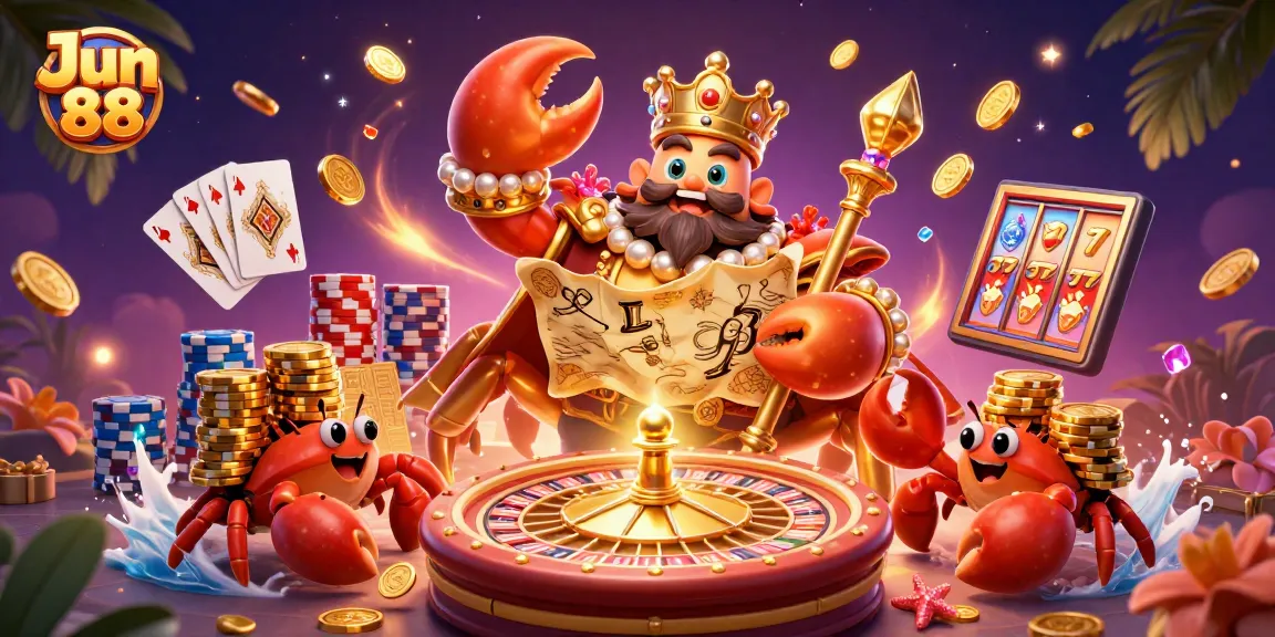 Join the excitement at Jun 88, featuring a dynamic scene with golden crab emperor and casino games!