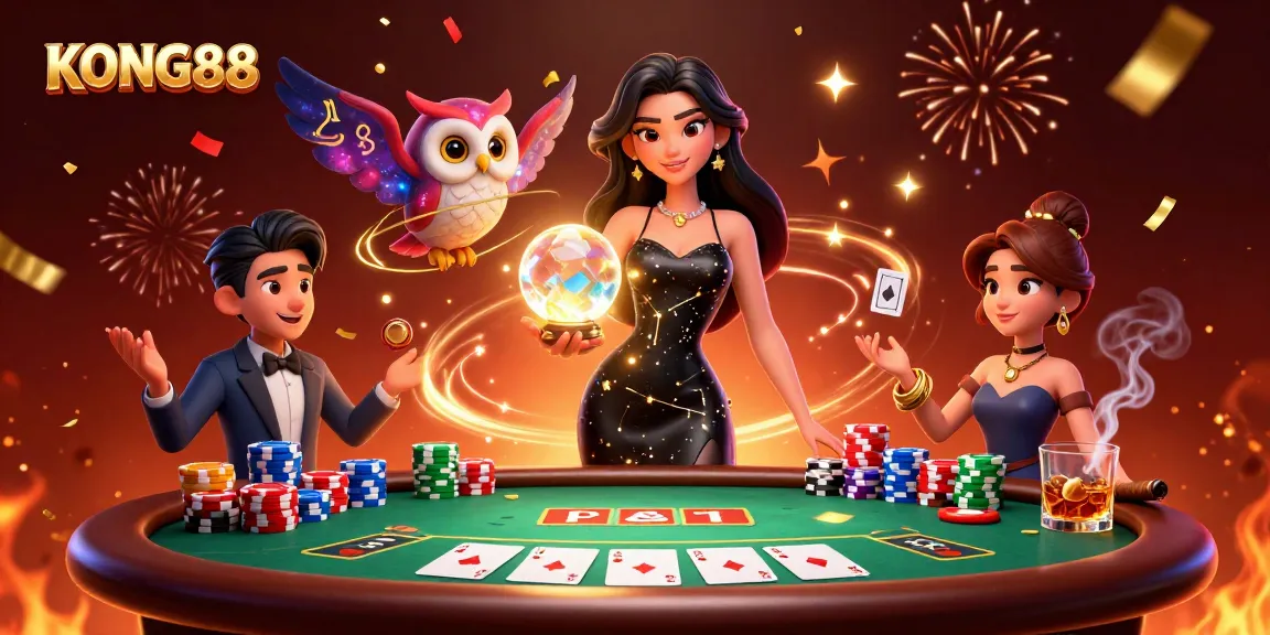 KONG88 players enjoy poker strategies amid a vibrant casino atmosphere awash with confetti and energy.