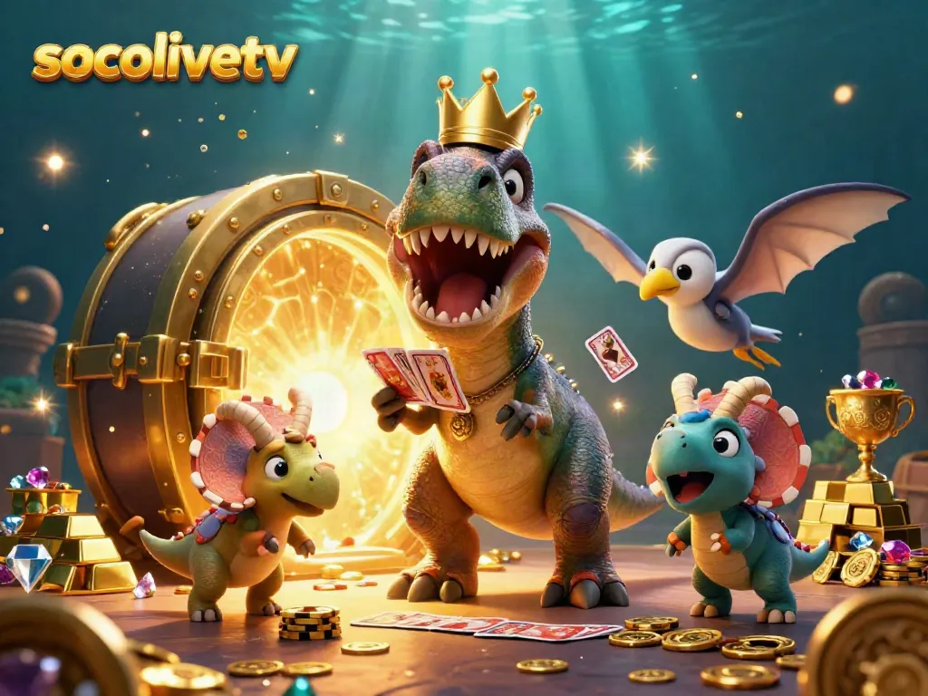 Socolivetv showcases a gaming scene with a T-Rex dinosaur hilariously shuffling cards, surrounded by gold and jewels, evoking excitement.