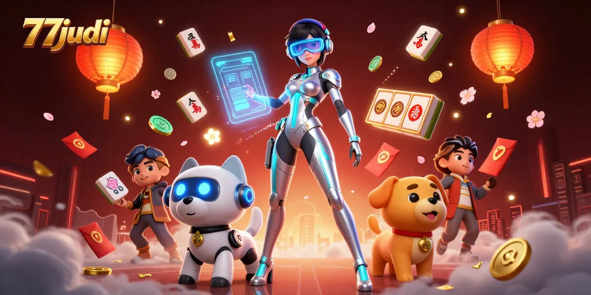 Engage in thrilling gameplay at 77judi with a vibrant 3D casino scene featuring characters and festive elements.