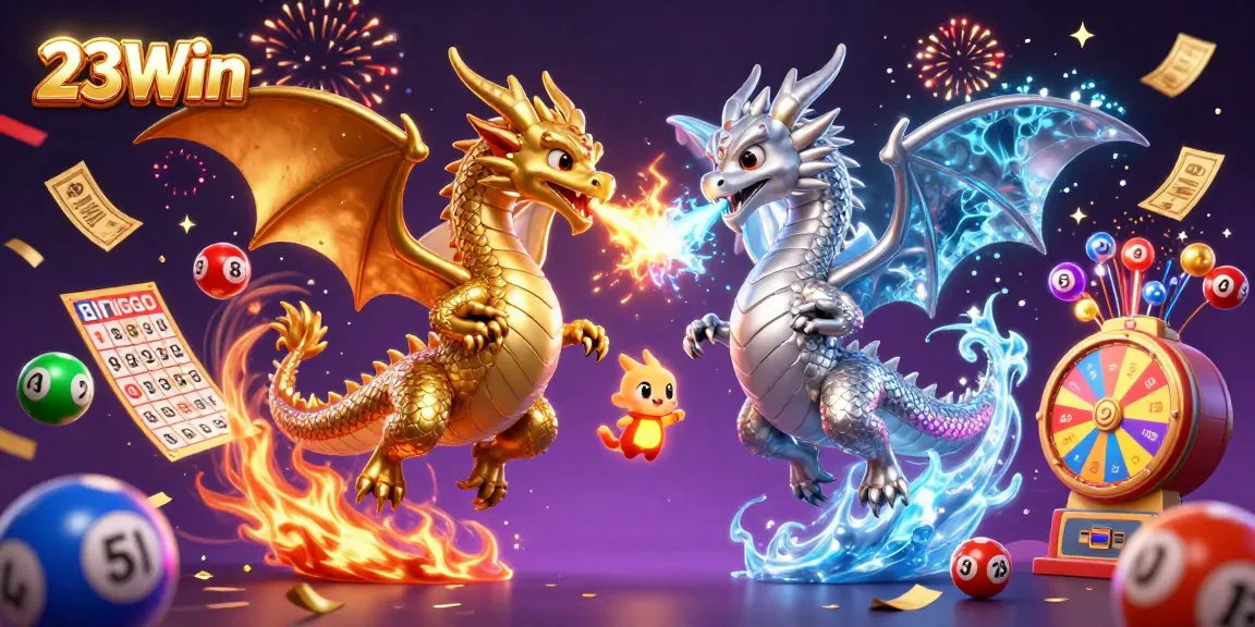 Experience thrilling gaming at 23Win, featuring dynamic dragons and vibrant lottery elements in a colorful casino scene.