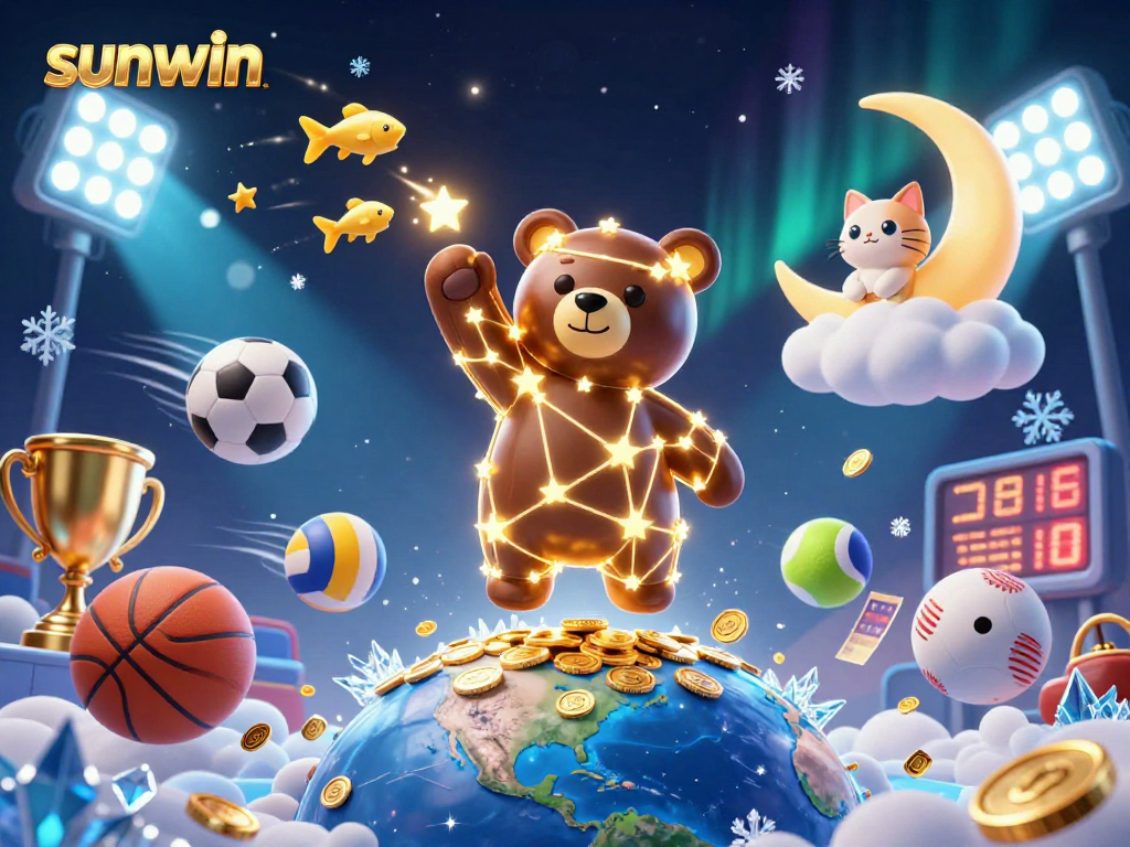 Experience the excitement of sunwin with a vibrant 3D illustration of a constellation bear and dynamic sports elements.