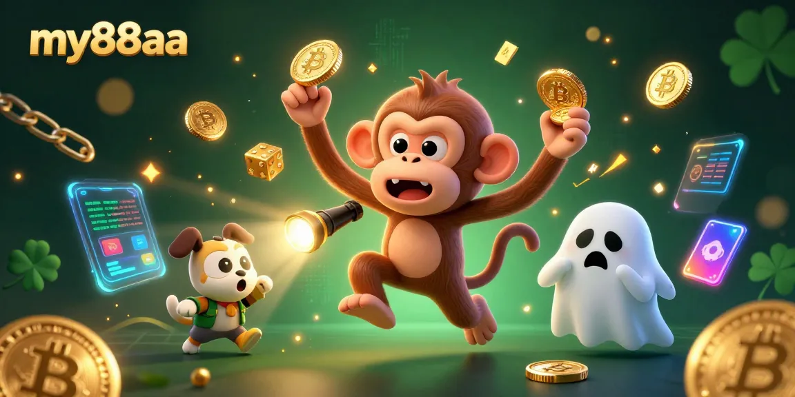 Engage with exciting games at my88aa, where a playful monkey and ghost-hunter puppy explore a vibrant casino.