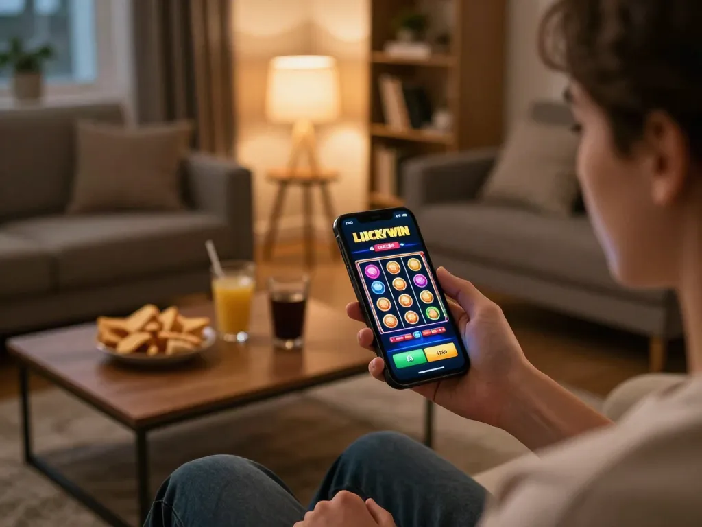 Enjoying a luckywin online slot game on a smartphone with vibrant symbols in a cozy living room setup.