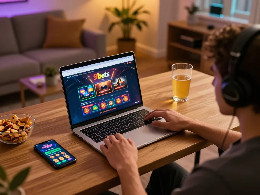 Person engaged with 9bets online gaming platform on laptop, showcasing responsible gambling practices.
