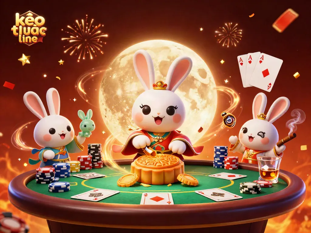 Bet on kèo trực tuyến in a detailed illustration featuring a moon rabbit and poker elements.