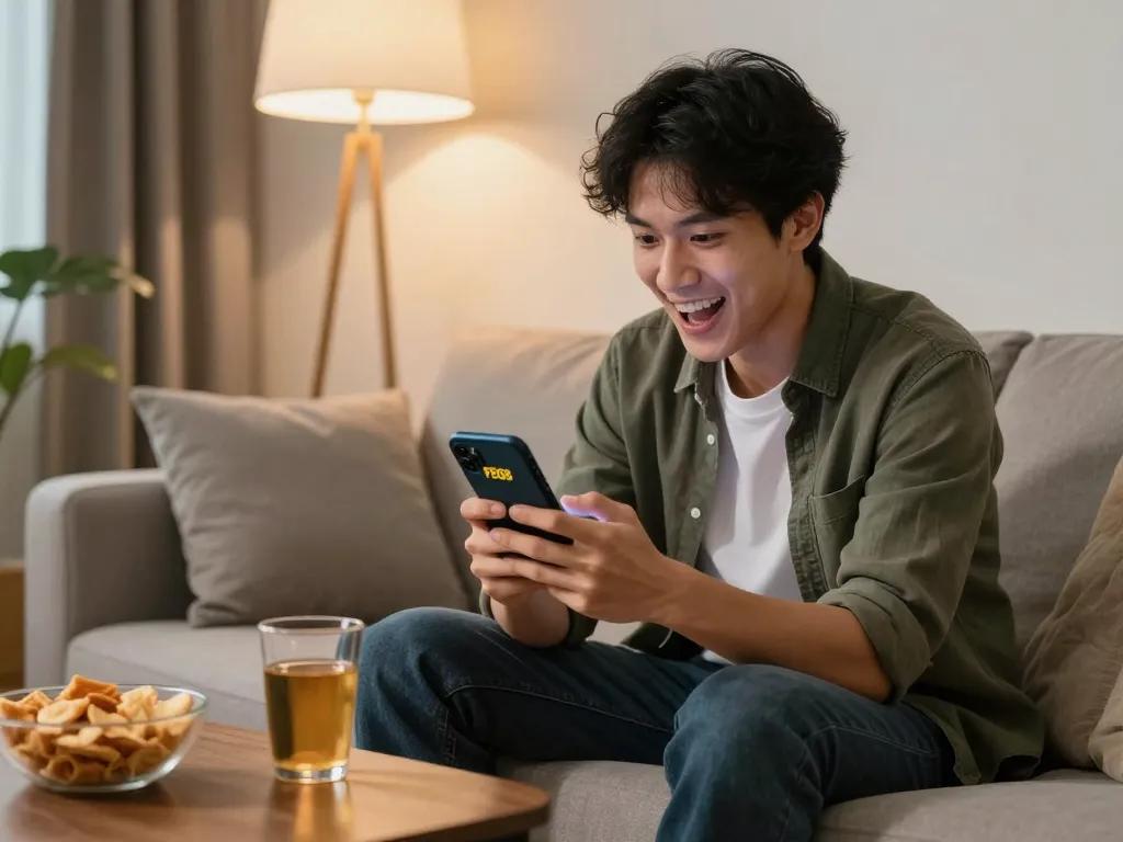Engaged player enjoying online betting on FB88 through smartphone in cozy home environment.