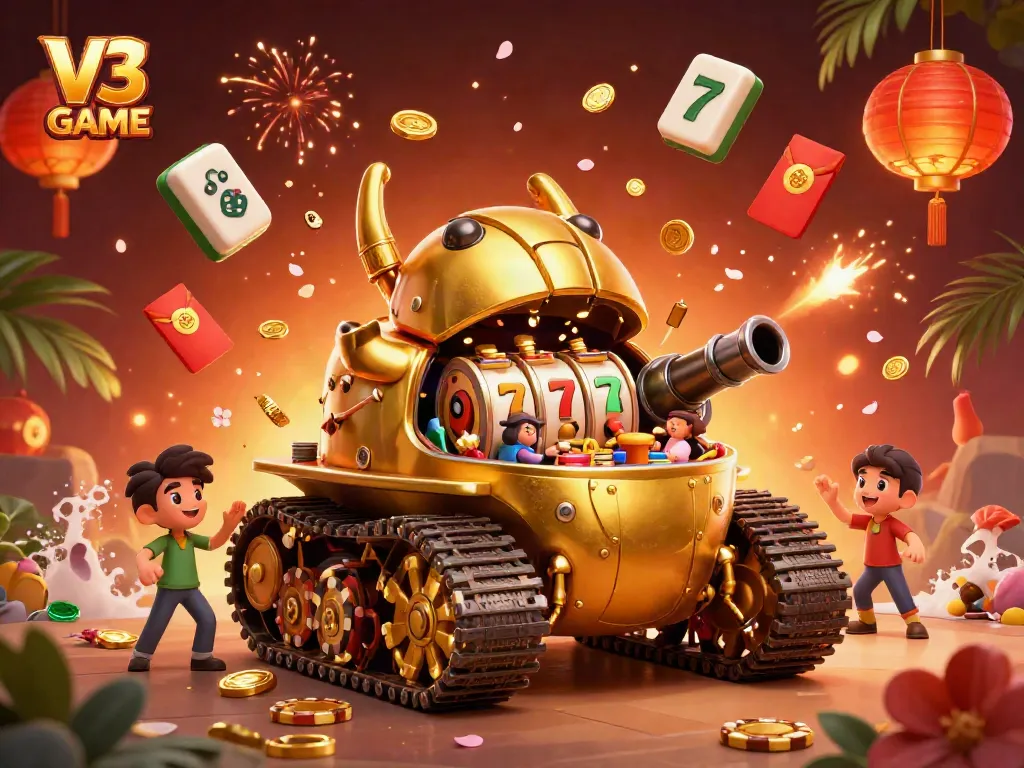 Experience the excitement of V3 GAME with a dynamic casino scene featuring a golden beetle tank.
