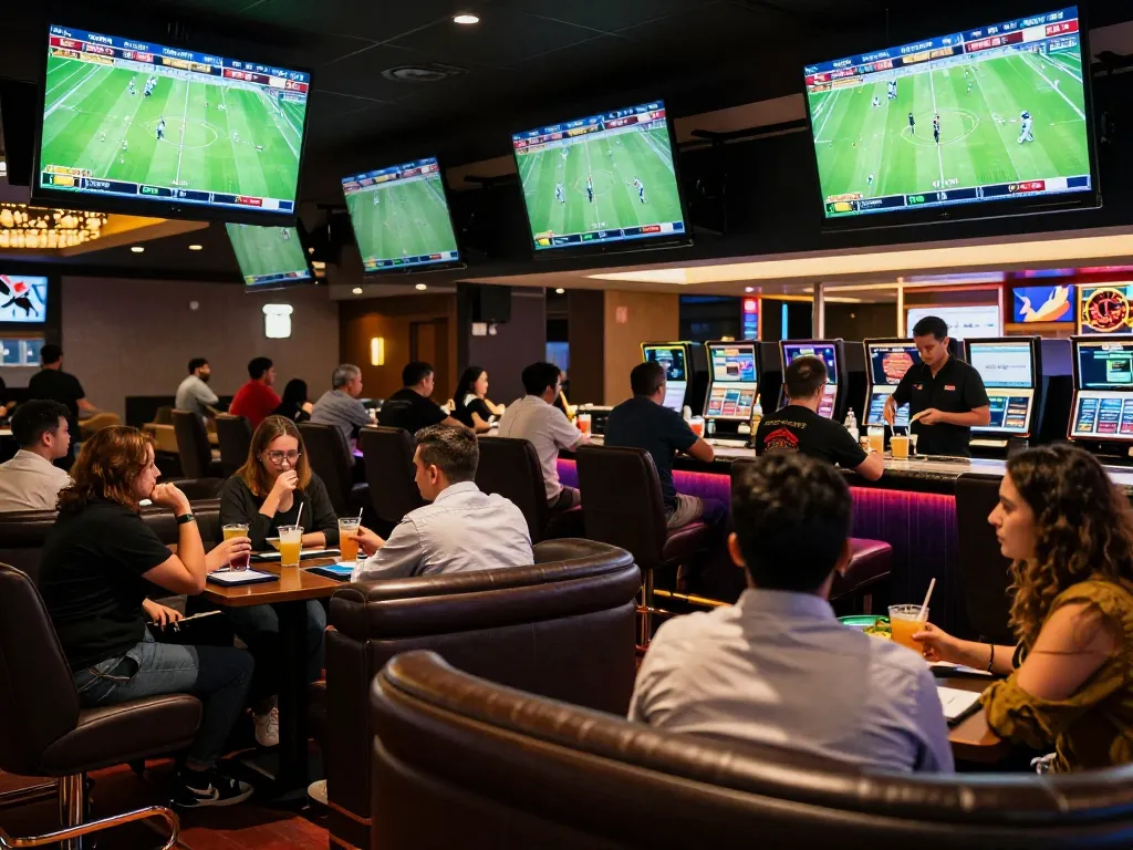 Socolive xem bong da patrons intensely focused on live football betting screens in a modern casino