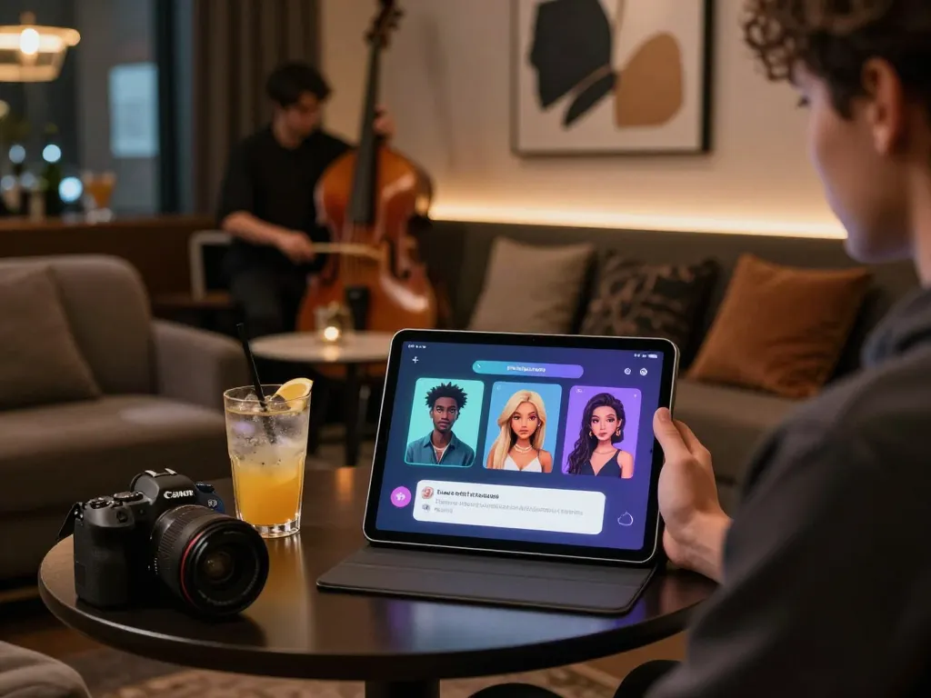 Engaging in AI 18+ conversations in a stylish lounge with interactive characters and ambient lighting.