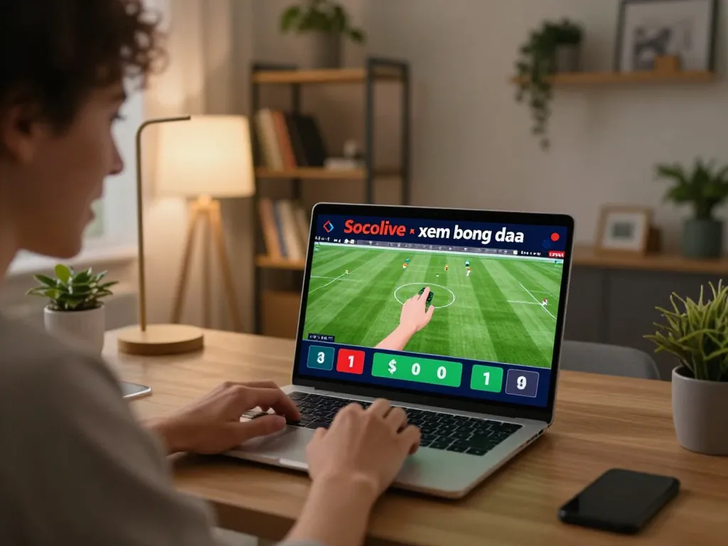 Socolive xem bong da live streaming action showcasing online betting excitement on a sleek laptop.