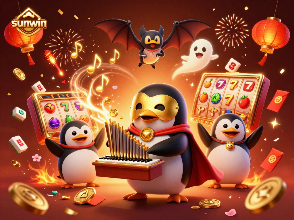 Experience the excitement of sunwin with a vibrant casino scene featuring a phantom penguin and charming elements.
