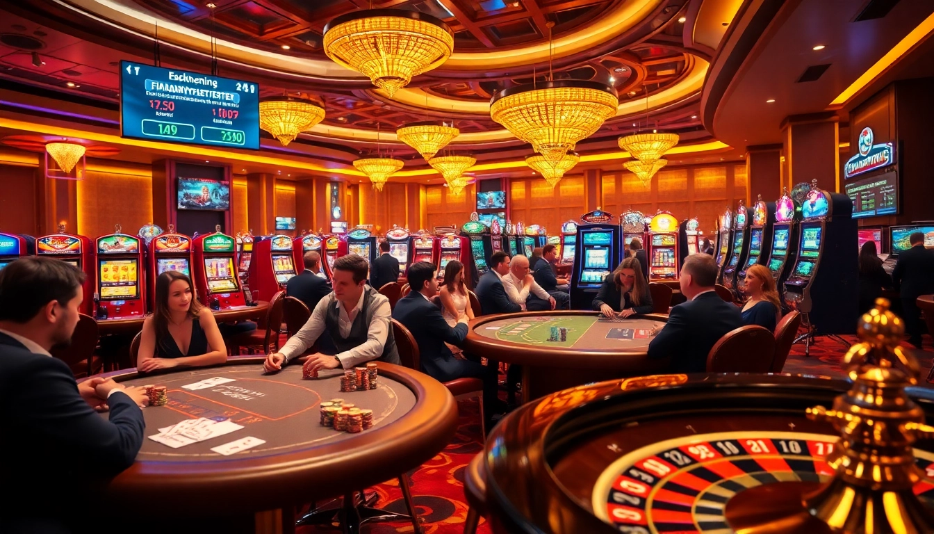Players engage in high-stakes games while streaming Finanznyheter updates in a vibrant casino.