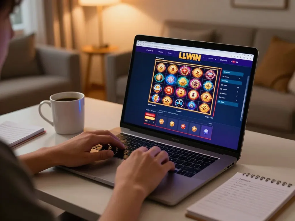Player engaging with LLWIN online casino platform on a stylish laptop, highlighting interactive gaming experience and strategy