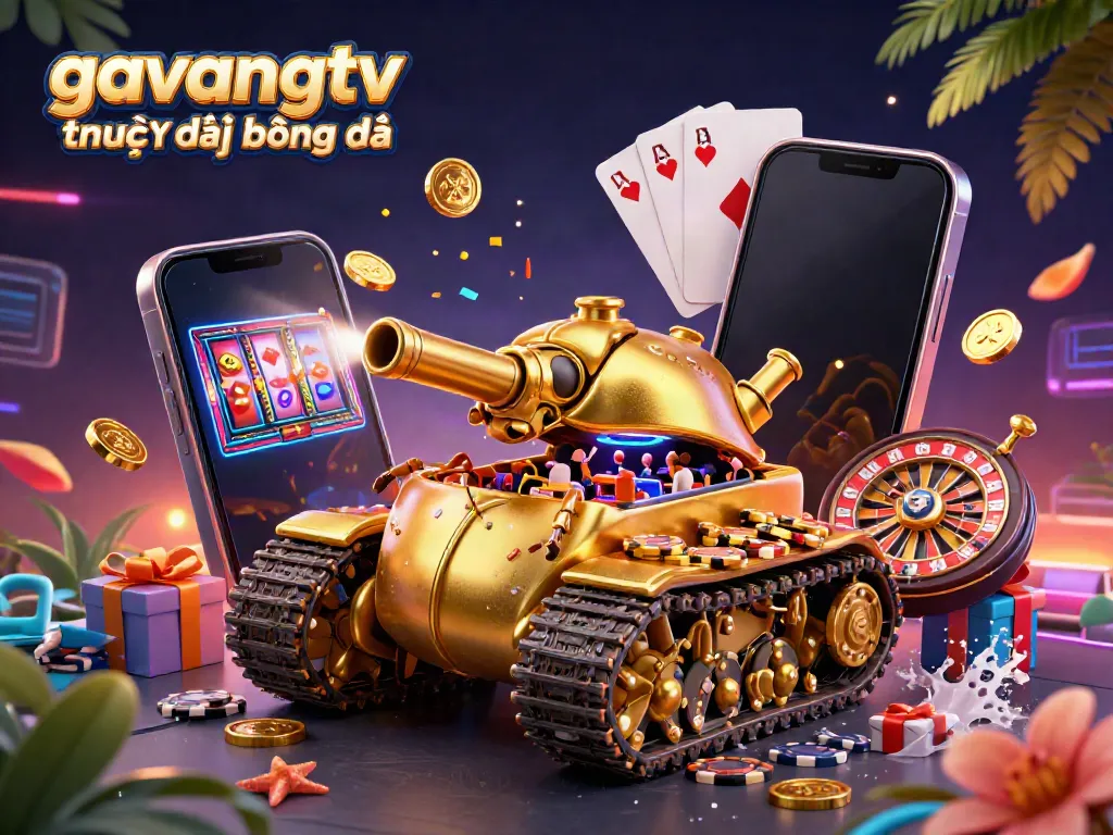 Engage with gavangtv trực tiếp bóng đá through this vibrant 3D casino illustration filled with dynamic game elements.