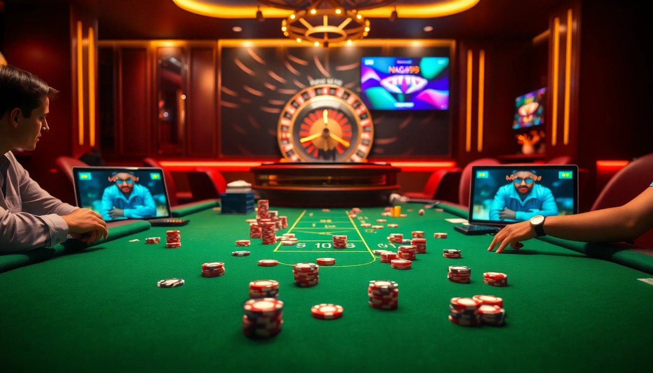 Naga99 online gamblers enjoying an exciting poker game at a luxurious casino table.