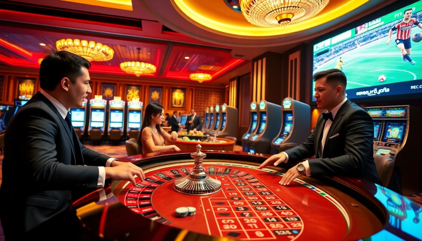 Catching the excitement at ca khia tv, players engage in thrilling roulette games within a chic casino.