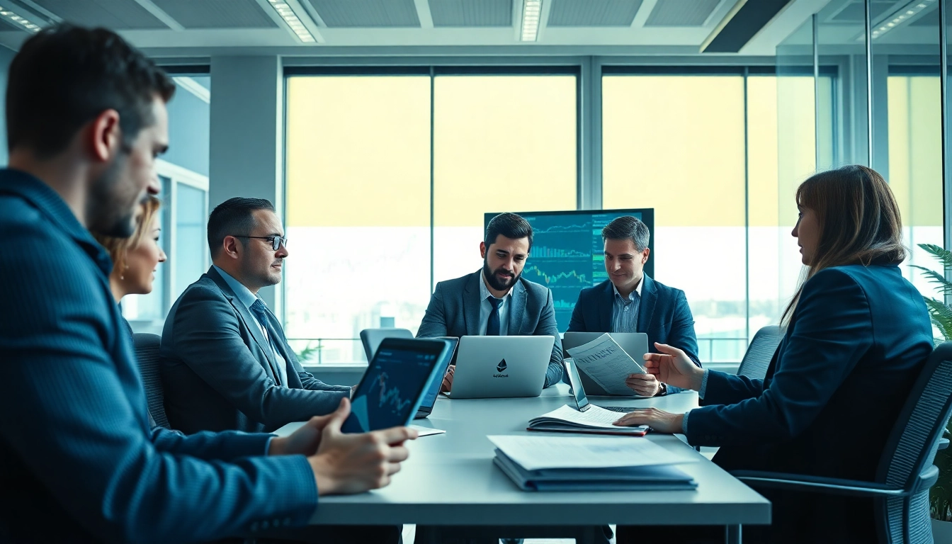 Fakta Finans professionals analyzing cryptocurrency investments in a modern office