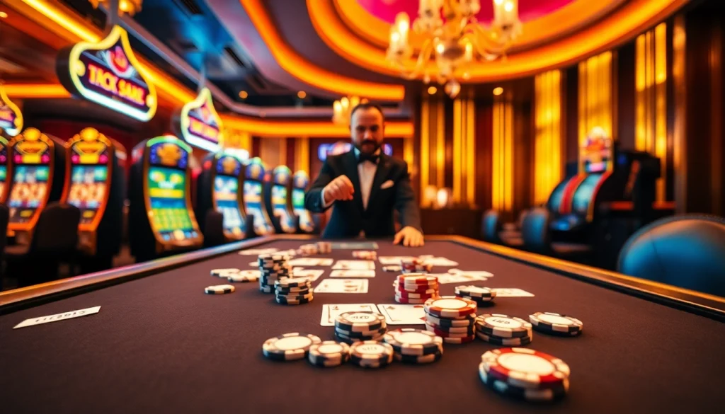 Experience the thrill of gambling at U888 with an elegant casino scene showcasing professional dealers and vibrant gaming tables.