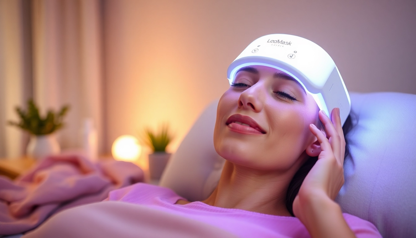 Woman enjoying her LedMask facial therapy in a serene home setting, emphasizing wellness.