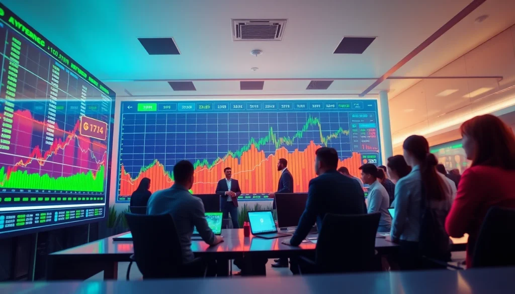 Kryptovaluta kurser display on a professional digital interface with investors analyzing cryptocurrency prices.