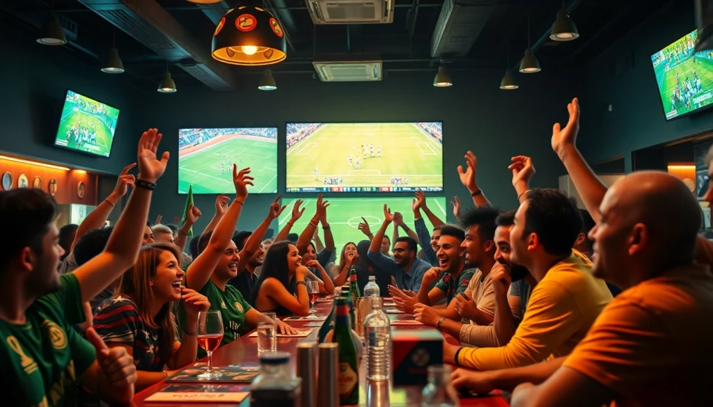 Xoilac TV live streaming atmosphere with excited fans watching football in HD