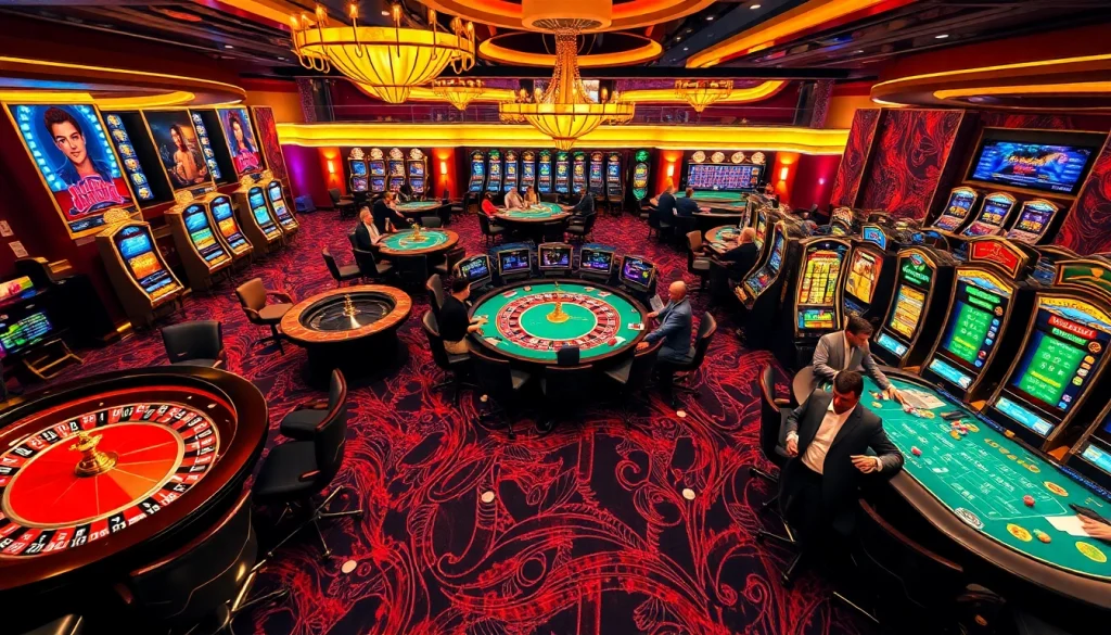 Experience thrilling gameplay at https://fabet.cn.com/ with players battling at casino tables and vibrant slot machines.