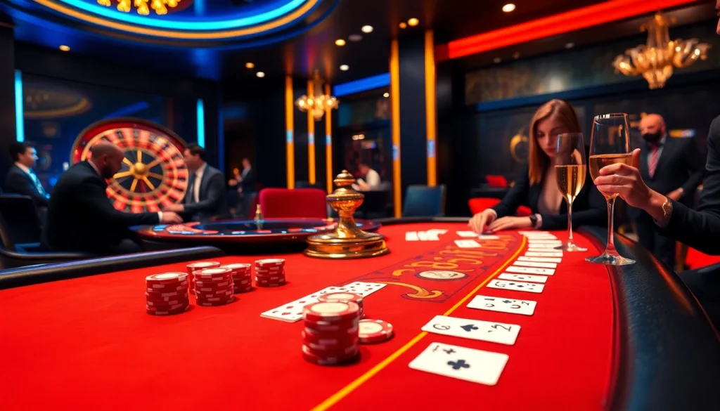 B52 Club players engaging at a luxurious poker table in a vibrant casino environment