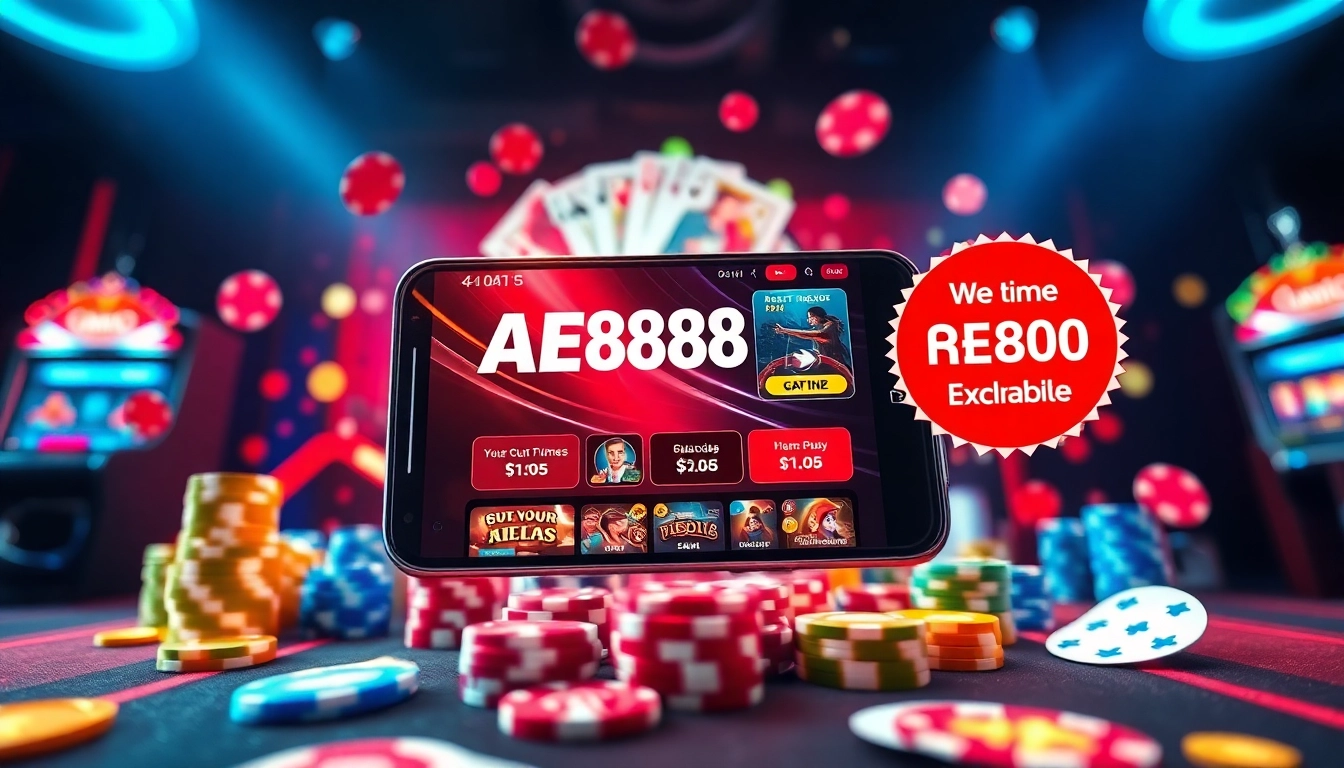 AE888 Cheap online gaming app showcased on a smartphone amid vibrant casino elements, highlighting user-friendly features.