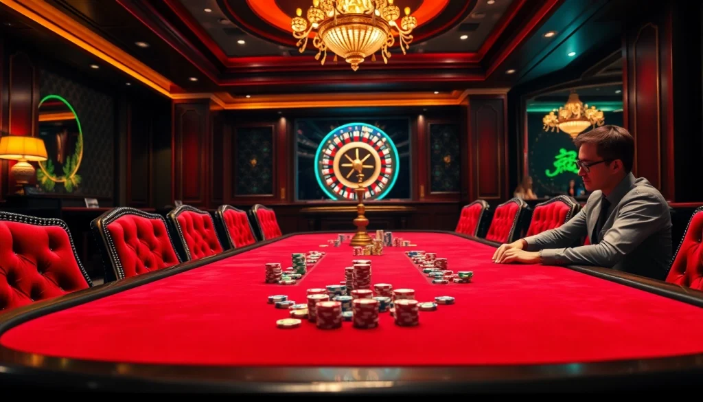 Exciting casino gameplay at https://lucky88.faith/ with vibrant poker chips and a luxurious roulette wheel.