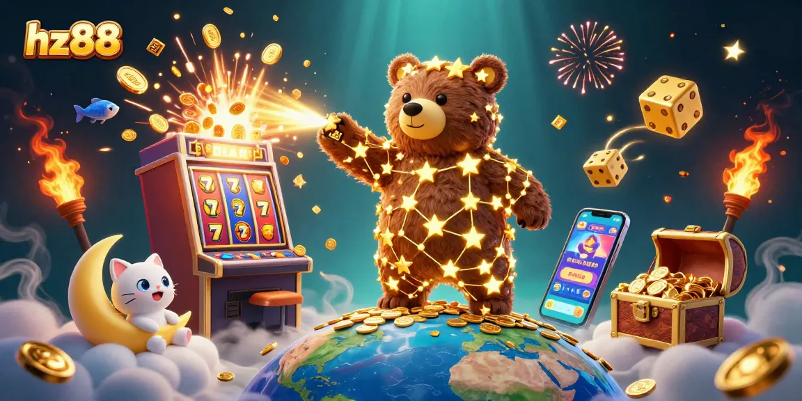 Spin big wins with HZ88's vibrant casino scene featuring a lucky constellation bear and treasure-filled slot machine.